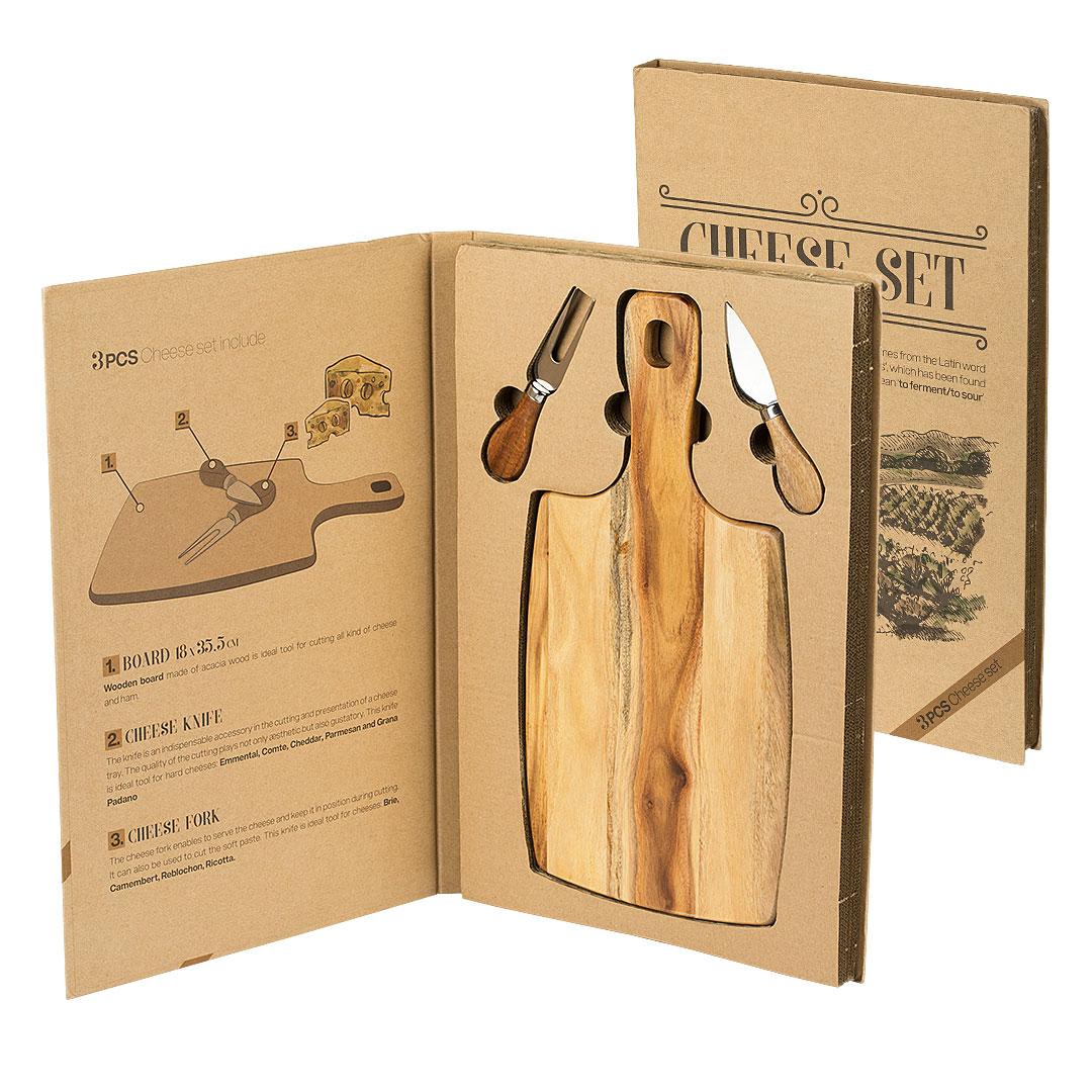 Wooden chopping board and cheese set with wooden handles, 3/1