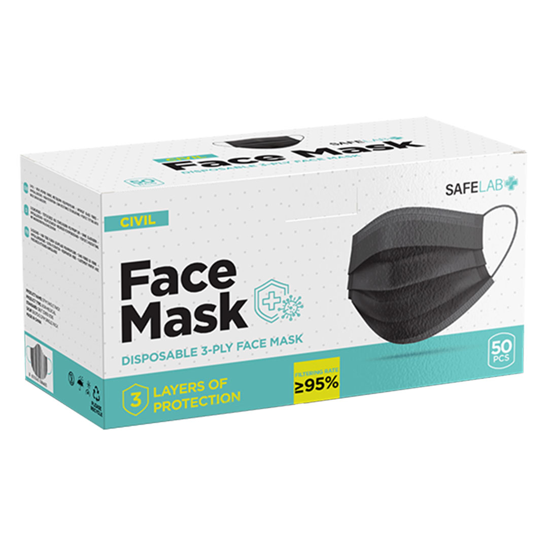 Disposable face mask, single packaging